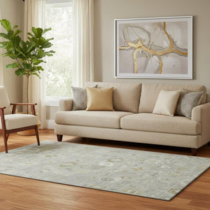 HomeRoots 5' X 8' Gray Gold Ivory Damask Area Rug - Washable, UV Protected, Durable for Homes with Kids & Pets 700813