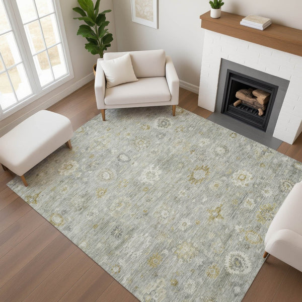 HomeRoots 5' X 8' Gray Gold Ivory Damask Area Rug - Washable, UV Protected, Durable for Homes with Kids & Pets 700813