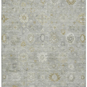 HomeRoots 5' X 8' Gray Gold Ivory Damask Area Rug - Washable, UV Protected, Durable for Homes with Kids & Pets 700813