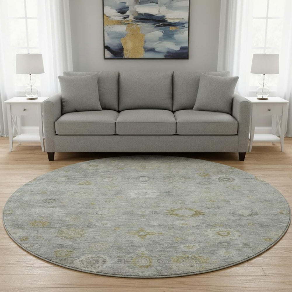 HomeRoots 8' Washable Round Damask Rug in Gray, Gold & Ivory - UV Protected, Stain Resistant, Durable Design 700814