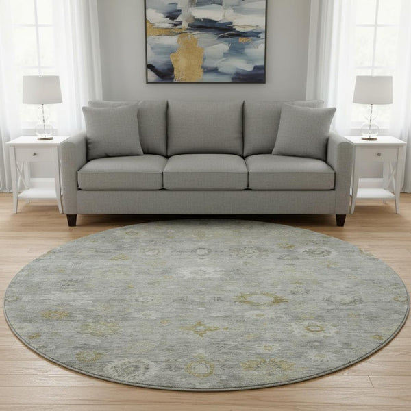 HomeRoots 8' Washable Round Damask Rug in Gray, Gold & Ivory - UV Protected, Stain Resistant, Durable Design 700814