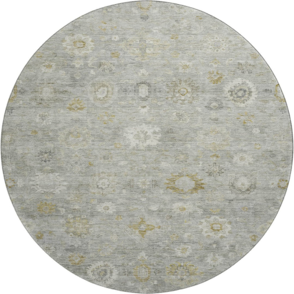 HomeRoots 8' Washable Round Damask Rug in Gray, Gold & Ivory - UV Protected, Stain Resistant, Durable Design 700814