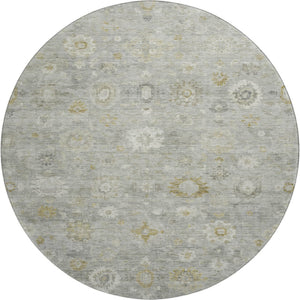 HomeRoots 8' Washable Round Damask Rug in Gray, Gold & Ivory - UV Protected, Stain Resistant, Durable Design 700814