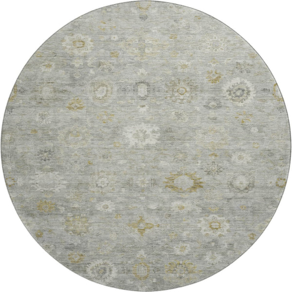 HomeRoots 8' Washable Round Damask Rug in Gray, Gold & Ivory - UV Protected, Stain Resistant, Durable Design 700814