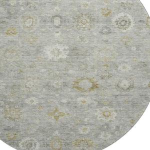 HomeRoots 8' Washable Round Damask Rug in Gray, Gold & Ivory - UV Protected, Stain Resistant, Durable Design 700814
