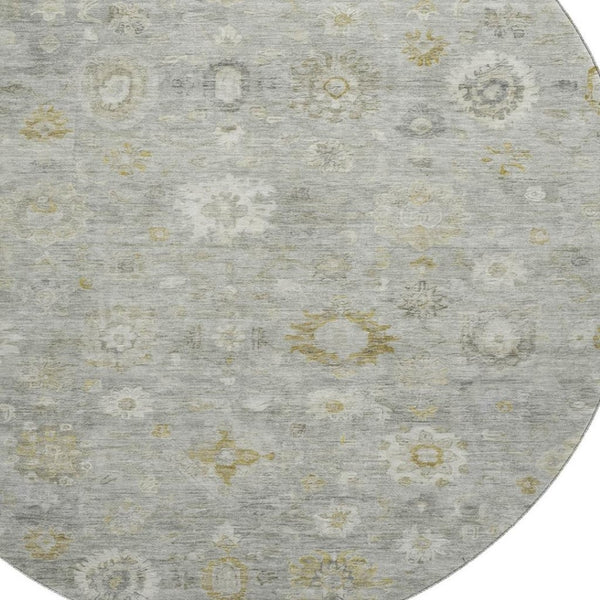 HomeRoots 8' Washable Round Damask Rug in Gray, Gold & Ivory - UV Protected, Stain Resistant, Durable Design 700814