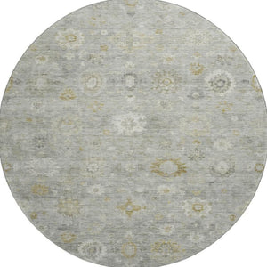 HomeRoots 8' Washable Round Damask Rug in Gray, Gold & Ivory - UV Protected, Stain Resistant, Durable Design 700814