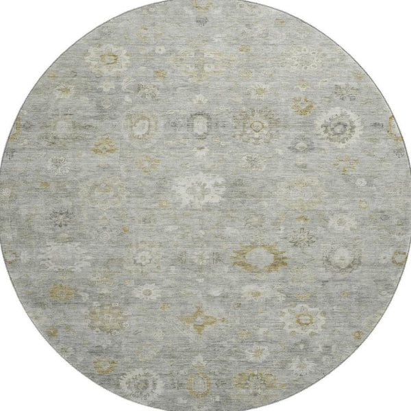 HomeRoots 8' Washable Round Damask Rug in Gray, Gold & Ivory - UV Protected, Stain Resistant, Durable Design 700814