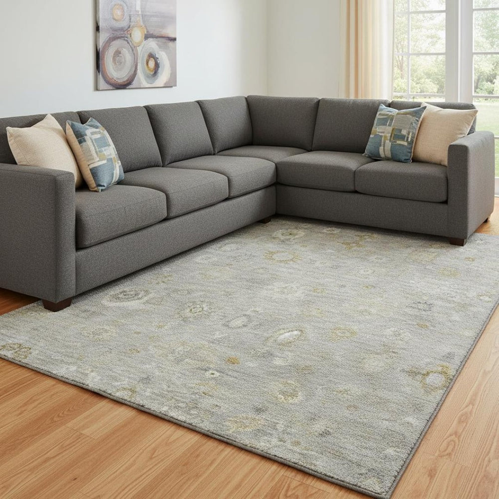 HomeRoots 8' X 10' Elegant Gray Gold Ivory Damask Area Rug - Washable, Stain Resistant, UV Protected Design 700815