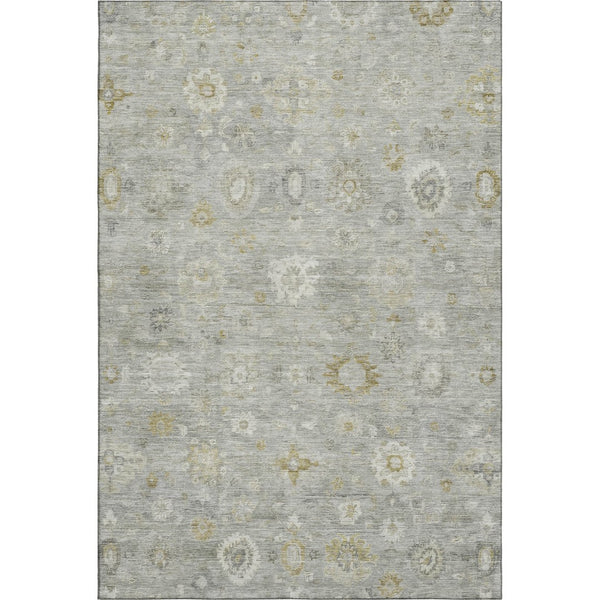 HomeRoots 8' X 10' Elegant Gray Gold Ivory Damask Area Rug - Washable, Stain Resistant, UV Protected Design 700815
