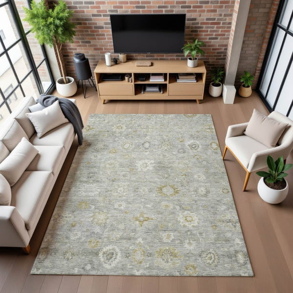 HomeRoots 8' X 10' Elegant Gray Gold Ivory Damask Area Rug - Washable, Stain Resistant, UV Protected Design 700815