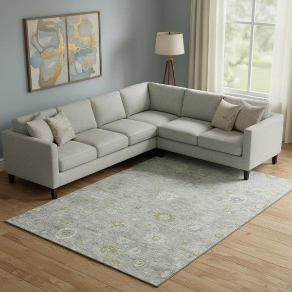 HomeRoots 9' X 12' Gray Gold Ivory Damask Washable Area Rug – Durable, UV-Protected & Stain-Resistant Design 700816