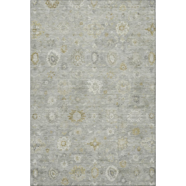 HomeRoots 10' Gray Gold Ivory Damask Washable Area Rug - Durable, UV Protected, Perfect for Family Spaces! 700817