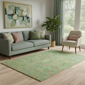HomeRoots 5' X 8' Vibrant Lime Green, Pink & Teal Damask Area Rug - Washable, UV Protected & Durable Design! 700819