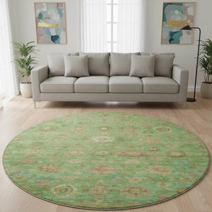 HomeRoots 8' Vibrant Lime Green, Pink & Teal Damask Round Rug - Washable, UV Protected, and Durable Design! 700820