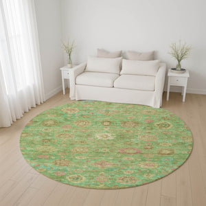 HomeRoots 8' Vibrant Lime Green, Pink & Teal Damask Round Rug - Washable, UV Protected, and Durable Design! 700820