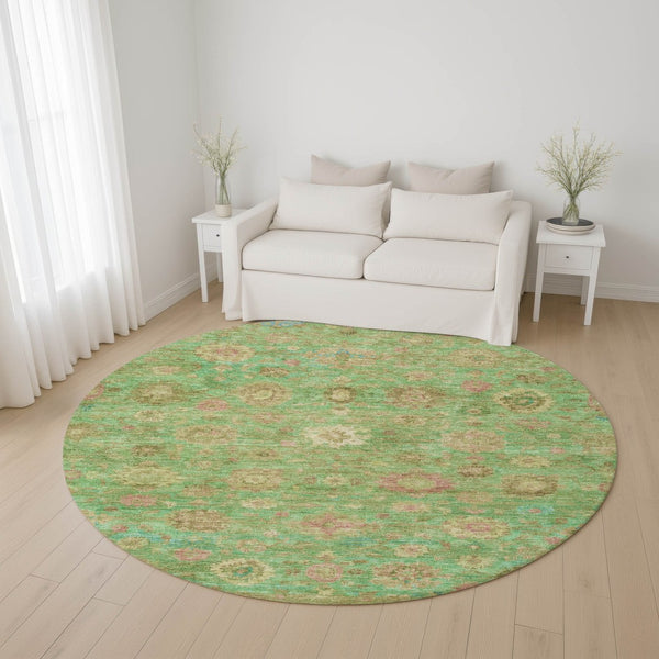 HomeRoots 8' Vibrant Lime Green, Pink & Teal Damask Round Rug - Washable, UV Protected, and Durable Design! 700820