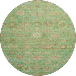 HomeRoots 8' Vibrant Lime Green, Pink & Teal Damask Round Rug - Washable, UV Protected, and Durable Design! 700820