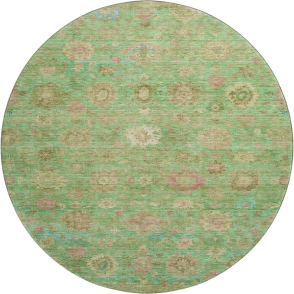 HomeRoots 8' Vibrant Lime Green, Pink & Teal Damask Round Rug - Washable, UV Protected, and Durable Design! 700820
