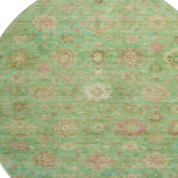 HomeRoots 8' Vibrant Lime Green, Pink & Teal Damask Round Rug - Washable, UV Protected, and Durable Design! 700820
