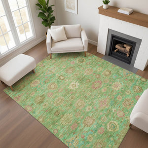 HomeRoots 8' X 10' Vibrant Lime Green, Pink & Teal Damask Area Rug - Washable, UV-Protected & Durable Design 700821