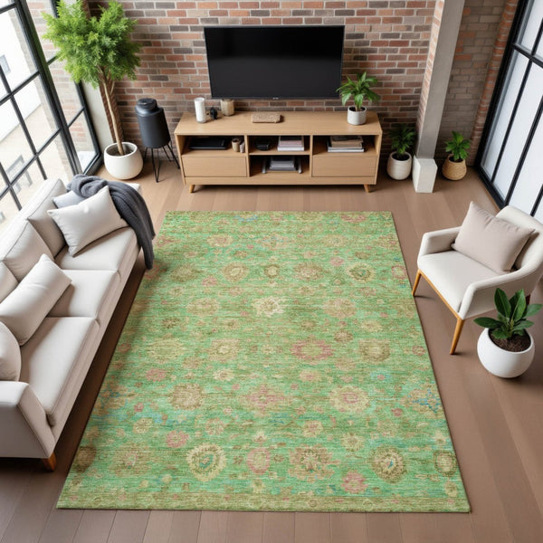 HomeRoots 8' X 10' Vibrant Lime Green, Pink & Teal Damask Area Rug - Washable, UV-Protected & Durable Design 700821