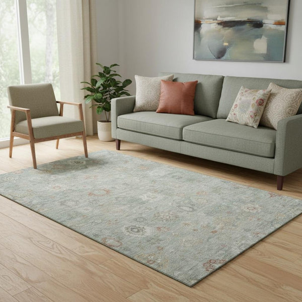 HomeRoots 5' X 8' Elegant Sage Ivory Copper Damask Area Rug - Washable, UV Protected & Non-Slip for Homes 700825