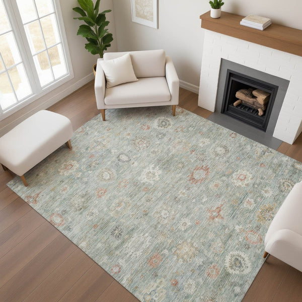 HomeRoots 5' X 8' Elegant Sage Ivory Copper Damask Area Rug - Washable, UV Protected & Non-Slip for Homes 700825