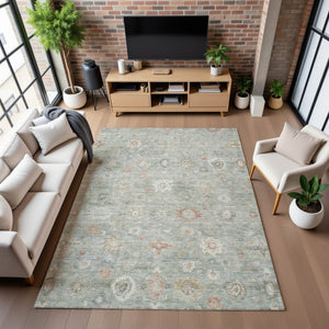 HomeRoots 5' X 8' Elegant Sage Ivory Copper Damask Area Rug - Washable, UV Protected & Non-Slip for Homes 700825