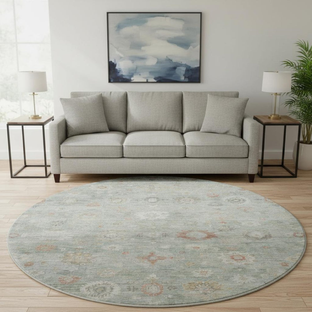 HomeRoots 8' Sage Ivory and Copper Damask Round Rug - Stylish, Washable, UV-Protected for Family Homes 700826