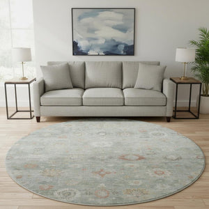 HomeRoots 8' Sage Ivory and Copper Damask Round Rug - Stylish, Washable, UV-Protected for Family Homes 700826