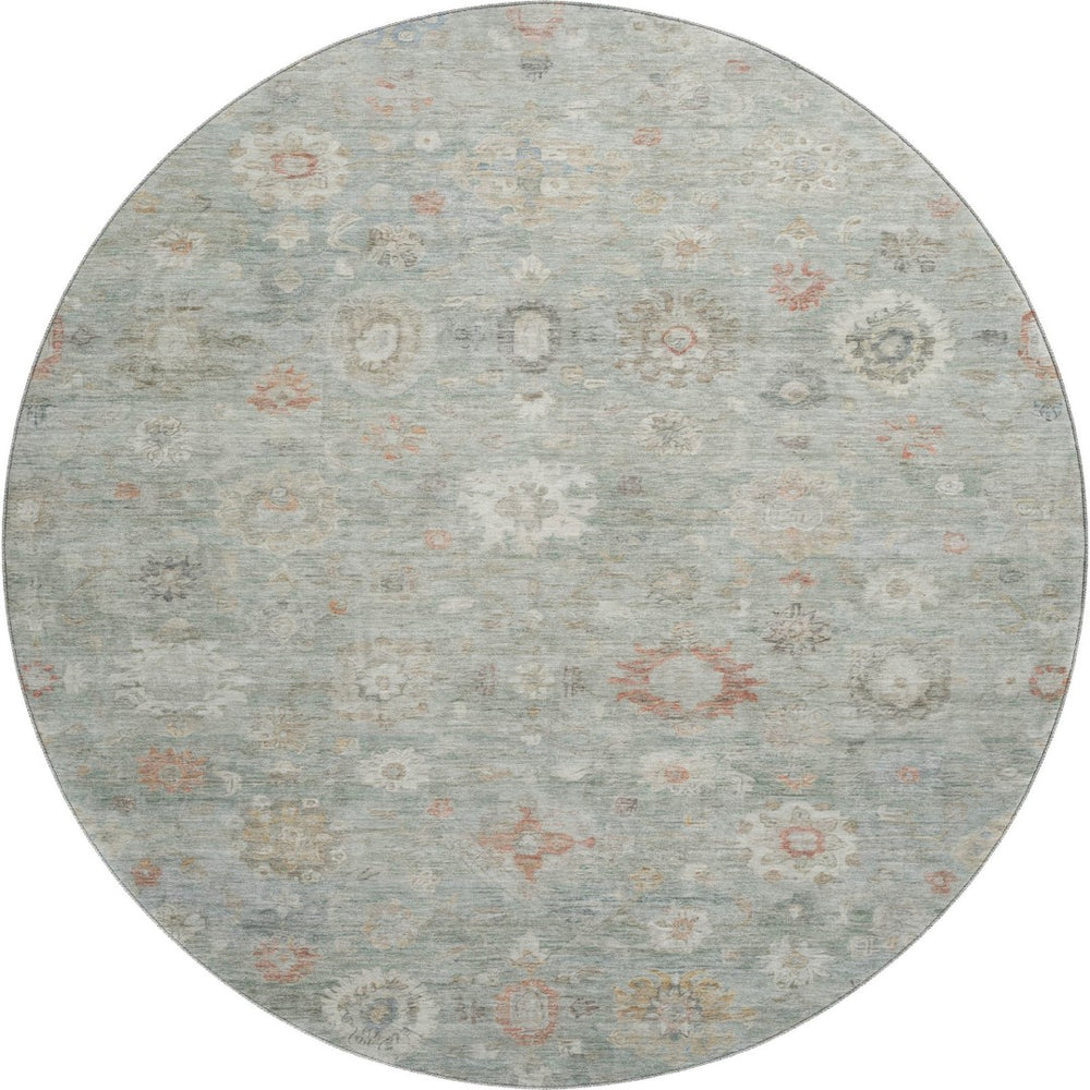 HomeRoots 8' Sage Ivory and Copper Damask Round Rug - Stylish, Washable, UV-Protected for Family Homes 700826