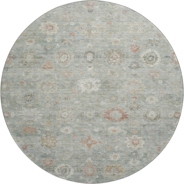 HomeRoots 8' Sage Ivory and Copper Damask Round Rug - Stylish, Washable, UV-Protected for Family Homes 700826