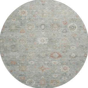 HomeRoots 8' Sage Ivory and Copper Damask Round Rug - Stylish, Washable, UV-Protected for Family Homes 700826