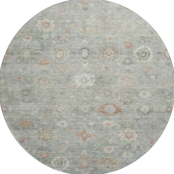 HomeRoots 8' Sage Ivory and Copper Damask Round Rug - Stylish, Washable, UV-Protected for Family Homes 700826