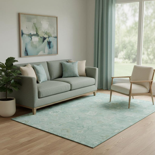 HomeRoots 5' X 8' Teal And Ivory Damask Area Rug - Stain Resistant, UV Protected, Perfect for Busy Homes! 700831