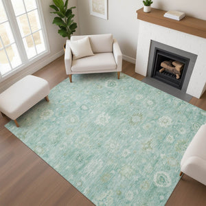 HomeRoots 5' X 8' Teal And Ivory Damask Area Rug - Stain Resistant, UV Protected, Perfect for Busy Homes! 700831