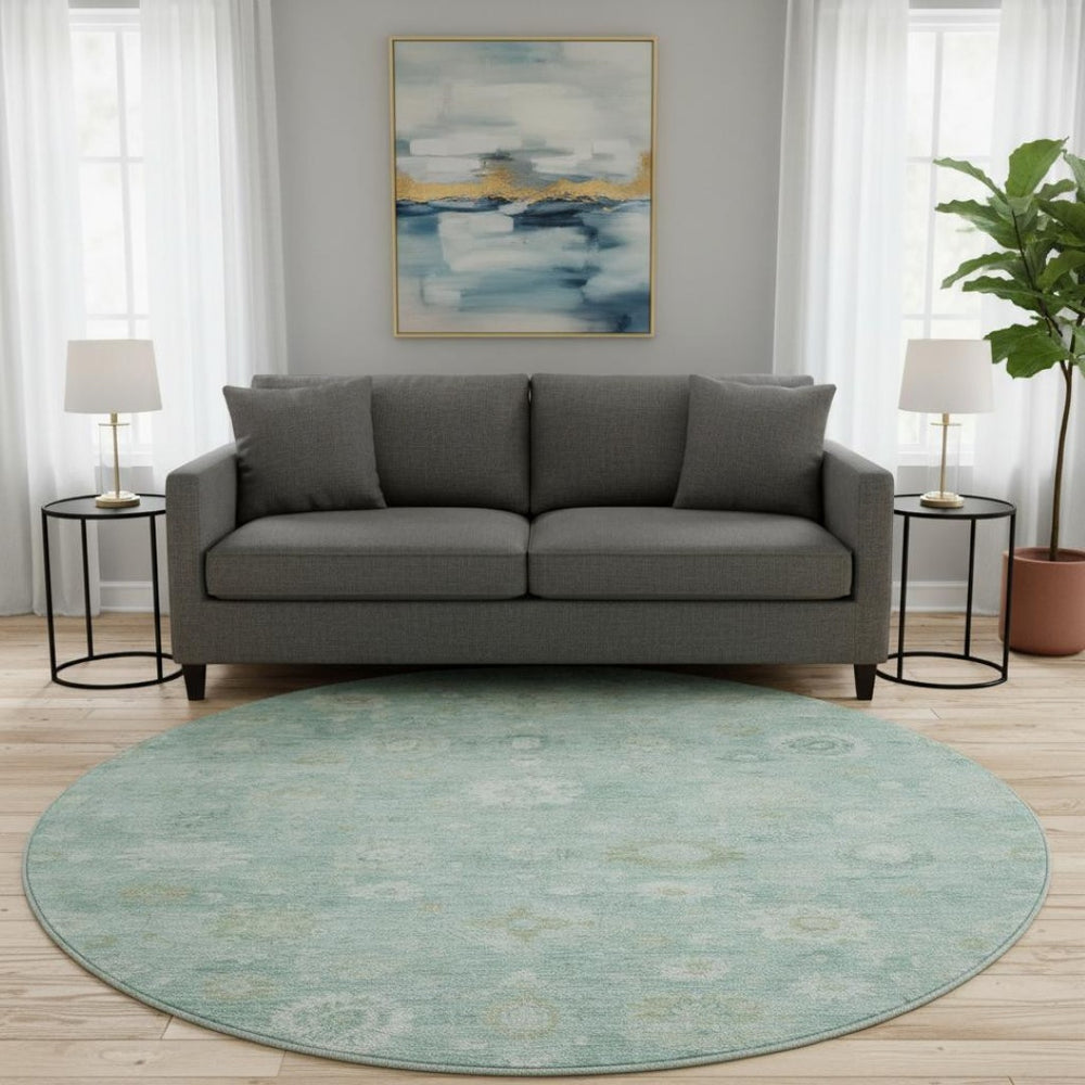HomeRoots 8' Teal And Ivory Damask Round Rug – Washable, UV-Protected, Durable & Stylish for Any Space 700832