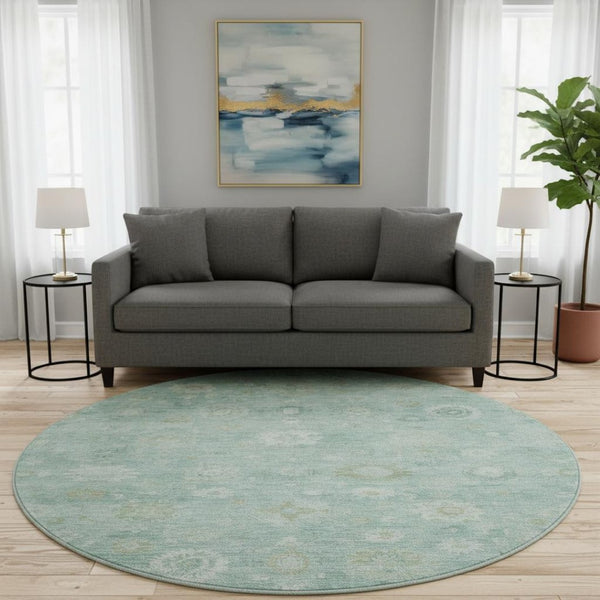 HomeRoots 8' Teal And Ivory Damask Round Rug – Washable, UV-Protected, Durable & Stylish for Any Space 700832