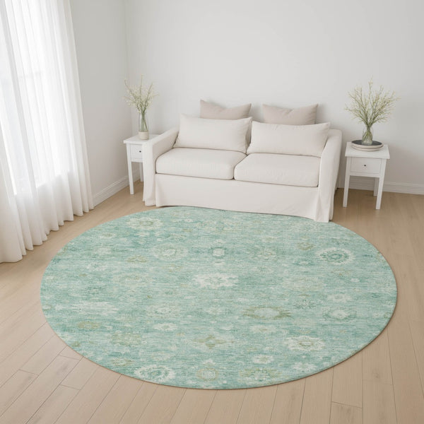 HomeRoots 8' Teal And Ivory Damask Round Rug – Washable, UV-Protected, Durable & Stylish for Any Space 700832