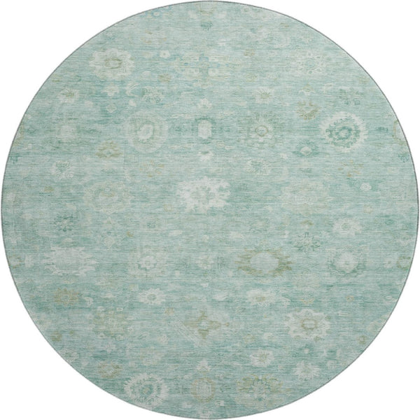 HomeRoots 8' Teal And Ivory Damask Round Rug – Washable, UV-Protected, Durable & Stylish for Any Space 700832