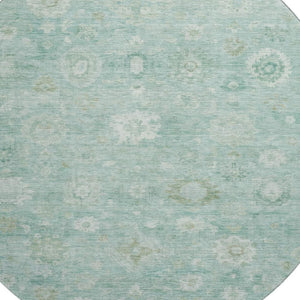 HomeRoots 8' Teal And Ivory Damask Round Rug – Washable, UV-Protected, Durable & Stylish for Any Space 700832