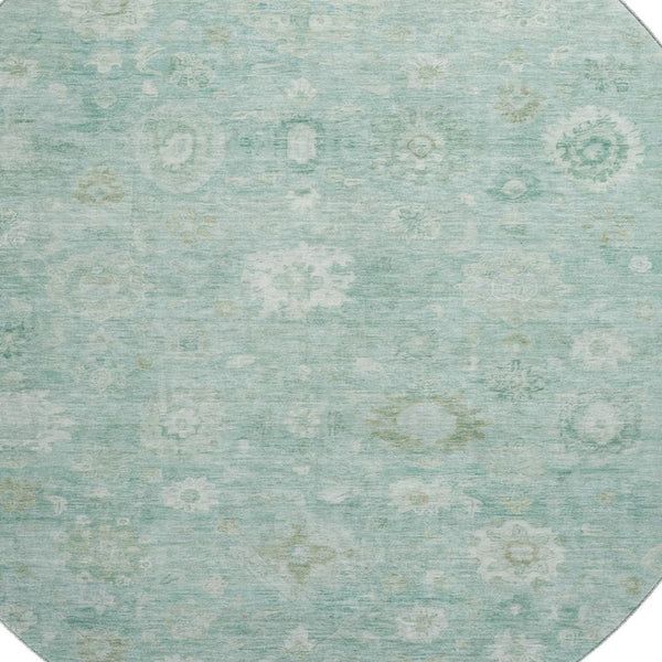 HomeRoots 8' Teal And Ivory Damask Round Rug – Washable, UV-Protected, Durable & Stylish for Any Space 700832