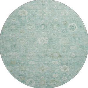 HomeRoots 8' Teal And Ivory Damask Round Rug – Washable, UV-Protected, Durable & Stylish for Any Space 700832