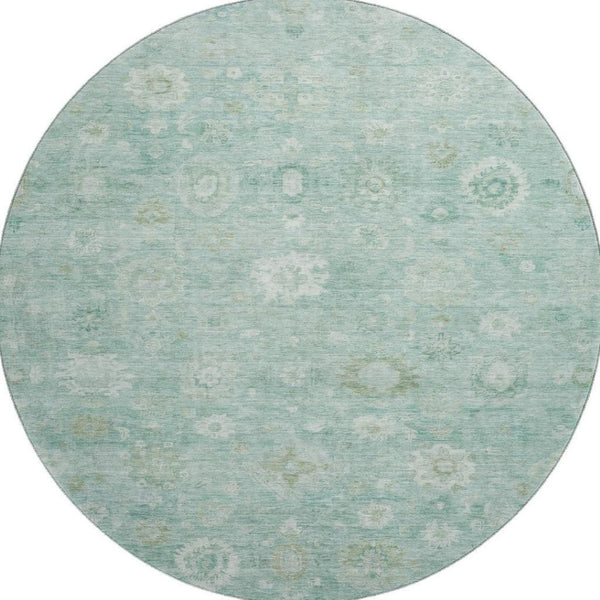HomeRoots 8' Teal And Ivory Damask Round Rug – Washable, UV-Protected, Durable & Stylish for Any Space 700832