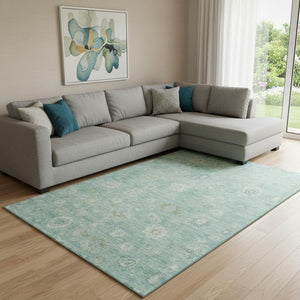 HomeRoots 8' X 10' Teal And Ivory Damask Area Rug - Washable, Stain-Resistant, UV Protected for Home Comfort 700833