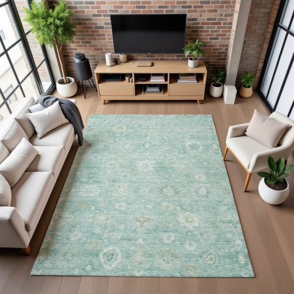 HomeRoots 8' X 10' Teal And Ivory Damask Area Rug - Washable, Stain-Resistant, UV Protected for Home Comfort 700833