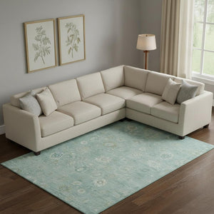 HomeRoots 9' X 12' Teal and Ivory Damask Area Rug - Washable, Stain Resistant, UV Protected for High Traffic Areas 700834