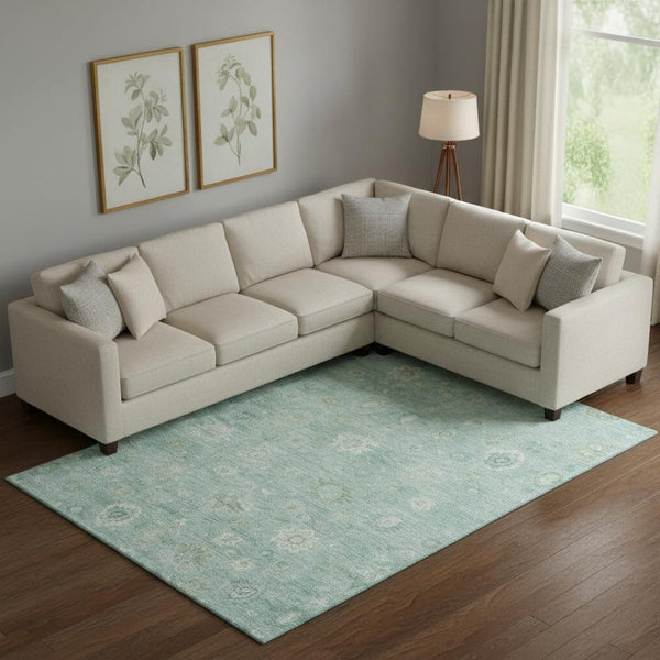 HomeRoots 10' X 14' Teal & Ivory Damask Washable Area Rug - UV Protection, Family-Friendly, Durable Design 700835