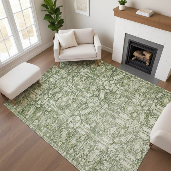 HomeRoots 5' X 8' Artichoke Green Oriental Area Rug - Stylish, Washable, Durable, and UV-Protected for Homes 700837